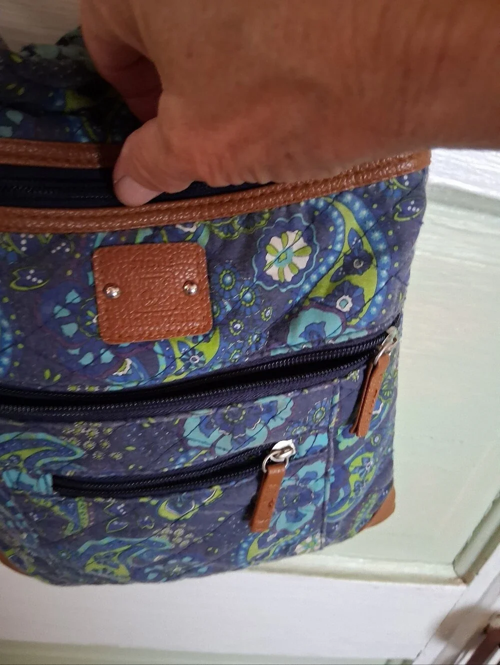 Stylish Blue Paisley Crossbody Bag with Tan Accents